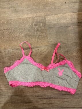 PLAYBOY Gray Bralette with Hot Pink Lace Trim